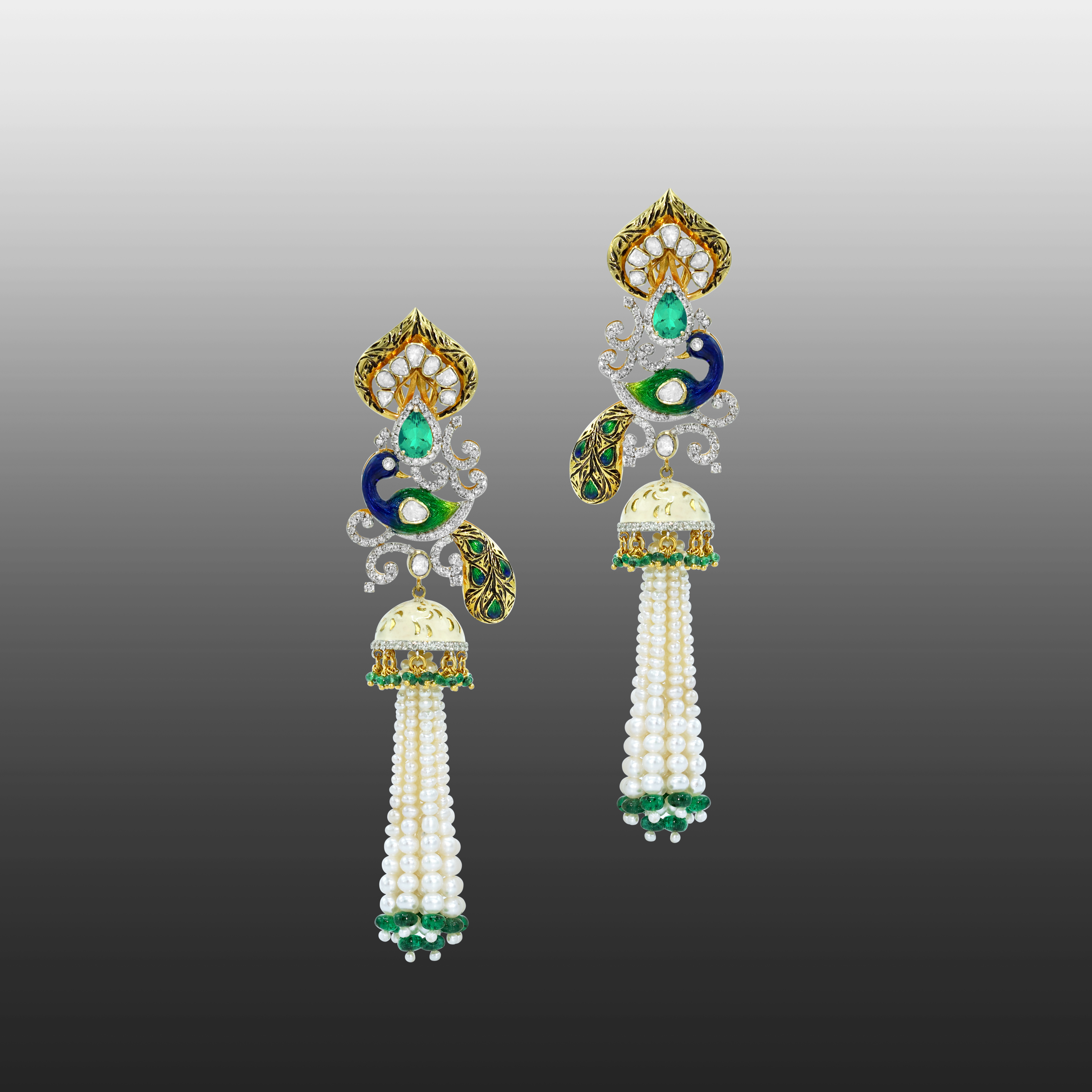 Pearl and Emerald Necklace Set with Polki and Peacock Motifs
